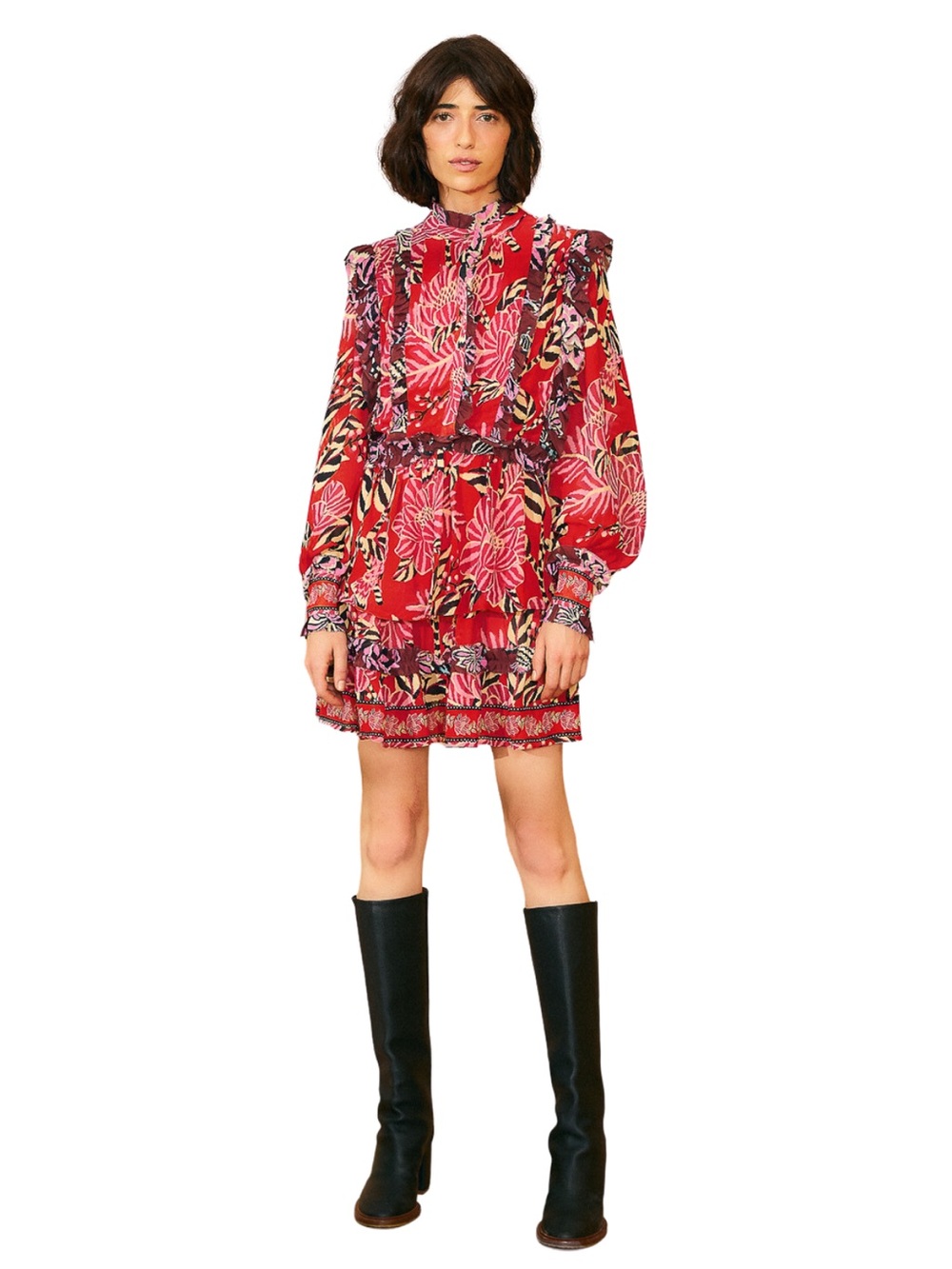 Farm Rio Red Floral Ruffle Long-Sleeve Mini Dress - Picture 2 of 5